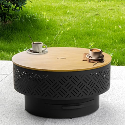 OutVue 26 inch wood-burning fire pit in light wood grain and black, with cooking grate, log grate and lid