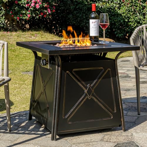 OutVue 28 inch propane fire pit table with a flared pedestal base and etched gold detailing