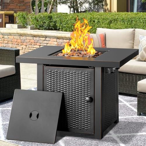 OutVue 32 inch black propane fire pit table with 2 built-in drink holders