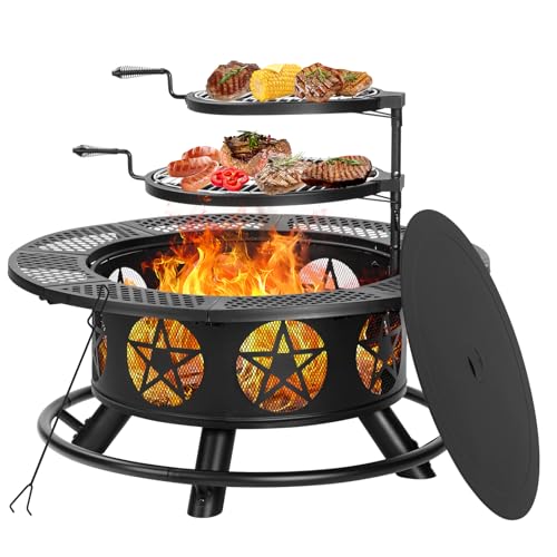 OutVue 36 inch wood-burning fire pit in black with a star cut-out design and 2 grills